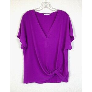 Lush Women's V-Neck Blouse Size M Purple Magenta Knot Detail Business or Dressy